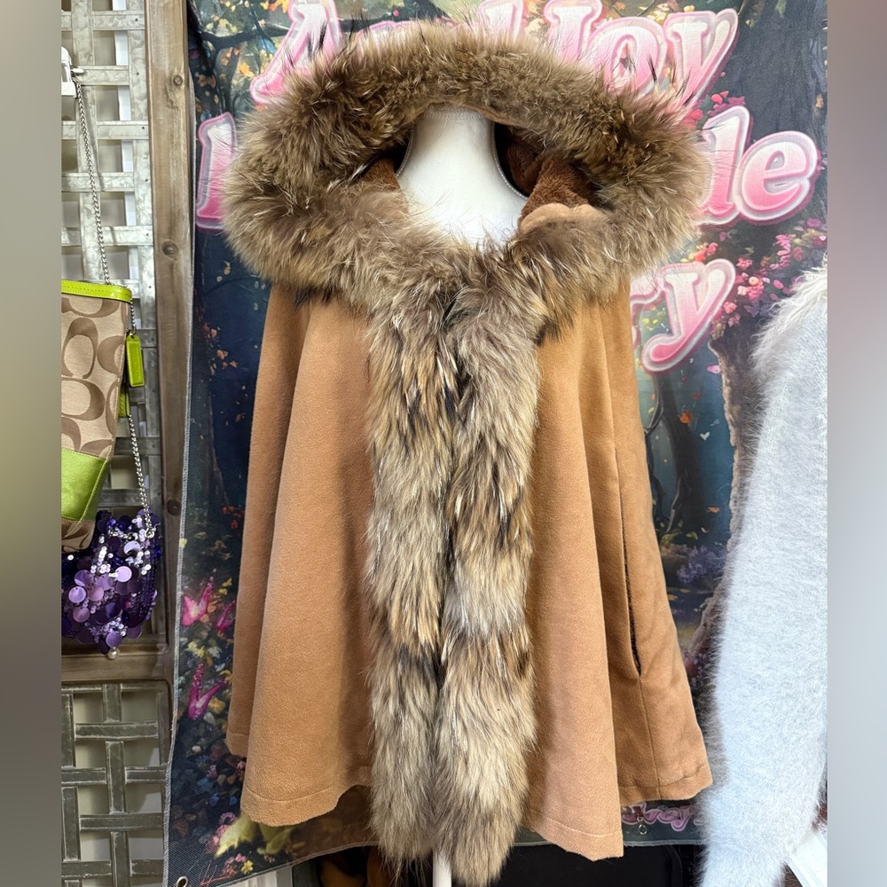 Tan Raccoon Fur Trim Cape